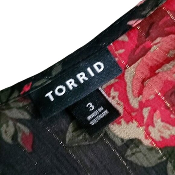 Black Torrid Chiffon Blouse Sheer Babydoll Lurex Crochet Boho Red Floral… - Picture 8 of 11